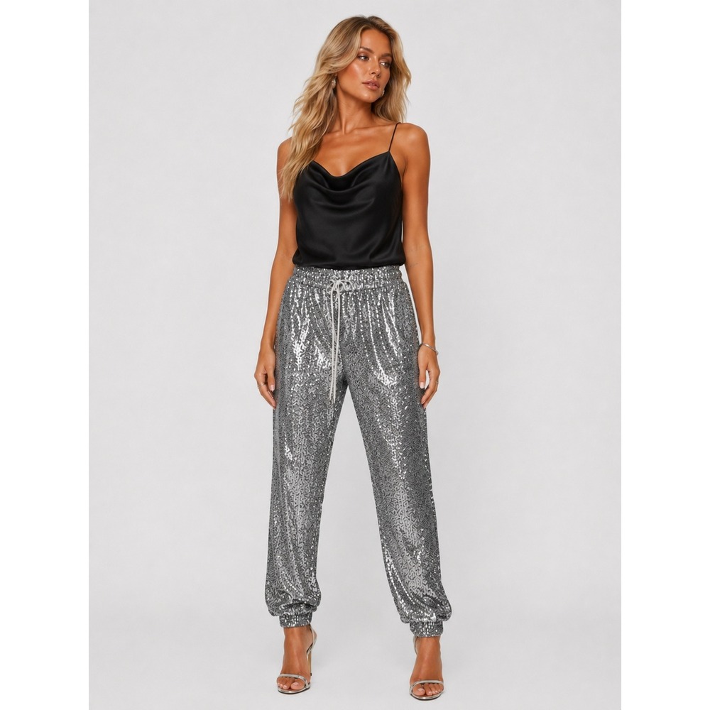 David Lerner Silver Sequin Jogger Pants Elastic Waist Drawstring XS NWOT